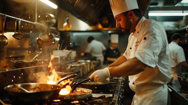 Un chef cuit avec deux casseroles sur un poêle chaud les casseroles sont pleines de légumes et de viande