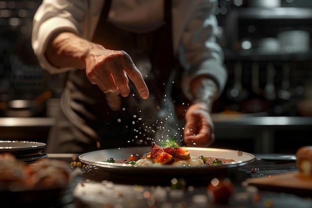 Photo un chef cuit un repas avec une assiette de nourriture