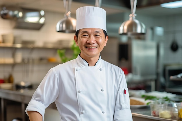 Un chef dans une cuisine portant un chapeau blanc sourit à la caméra.