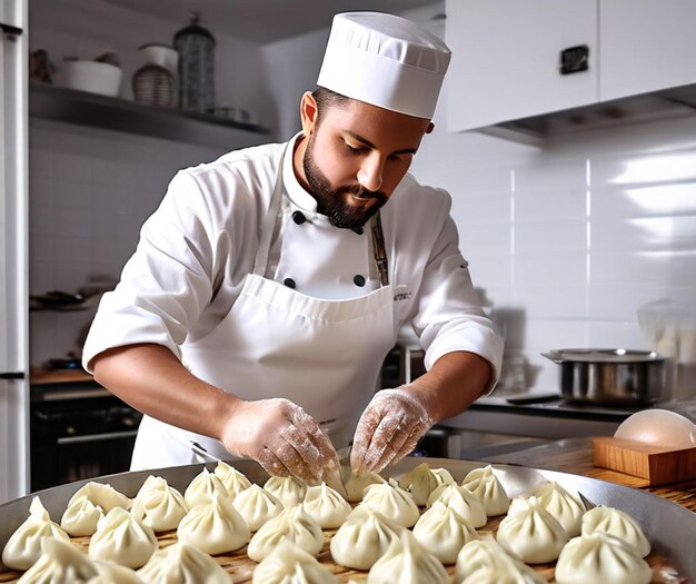 Chef dans la cuisine préparant des boulettes avec de la viande