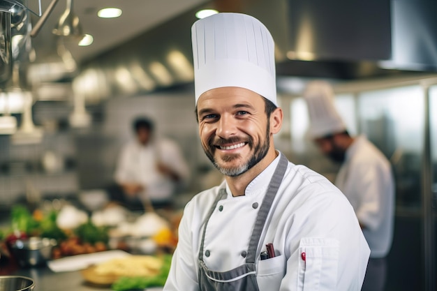 Un chef dans une cuisine avec une toque de chef