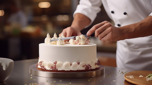 Chef décorant un gâteau avec de la crème