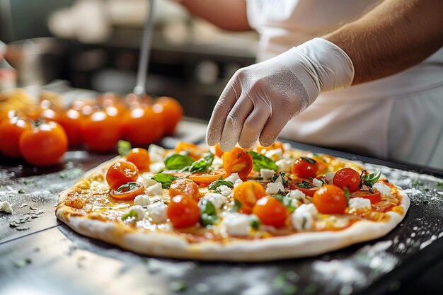 Le chef décore une pizza avec des tomates cerises et du fromage mozzarella