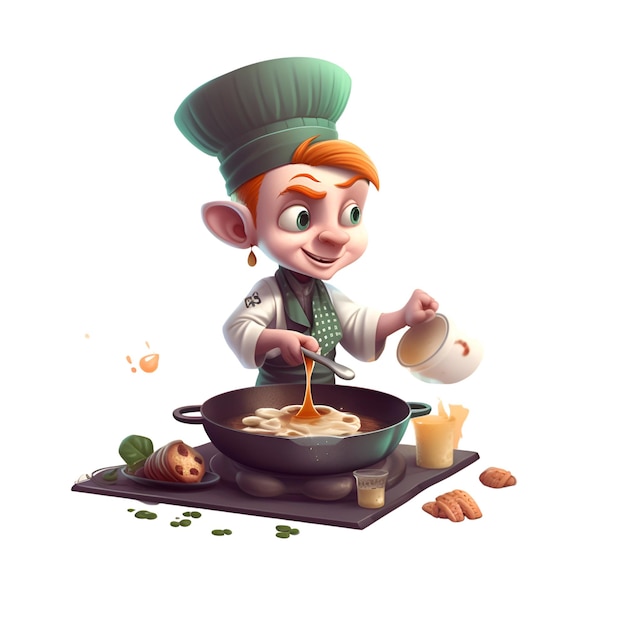 Chef de dessin animé drôle cuisinant des pâtes dans une poêle isolée sur fond blanc