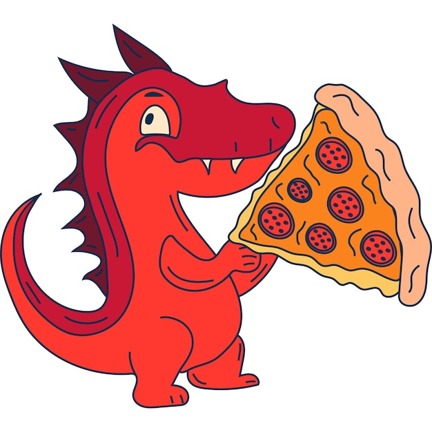 Le chef de dinosaure drôle qui sert un vecteur de dessin animé de pizza