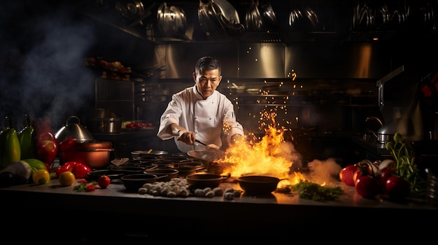 Un chef distingué dans une cuisine animée qui orchestre une symphonie de créations culinaires