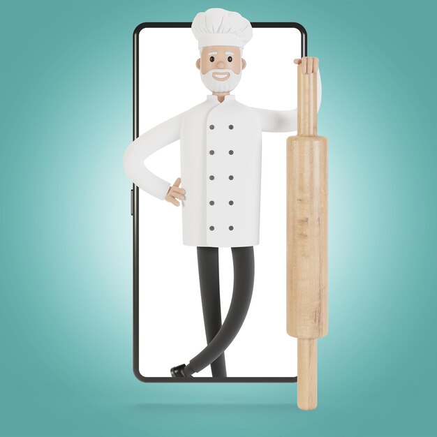 Chef à l'écran du smartphone Cours de cuisine en ligne bonne cuisine Livraison du restaurant Illustration 3D en style cartoon