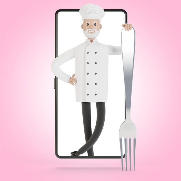 Chef à l'écran du smartphone Cours de cuisine en ligne bonne cuisine Livraison du restaurant Illustration 3D en style cartoon