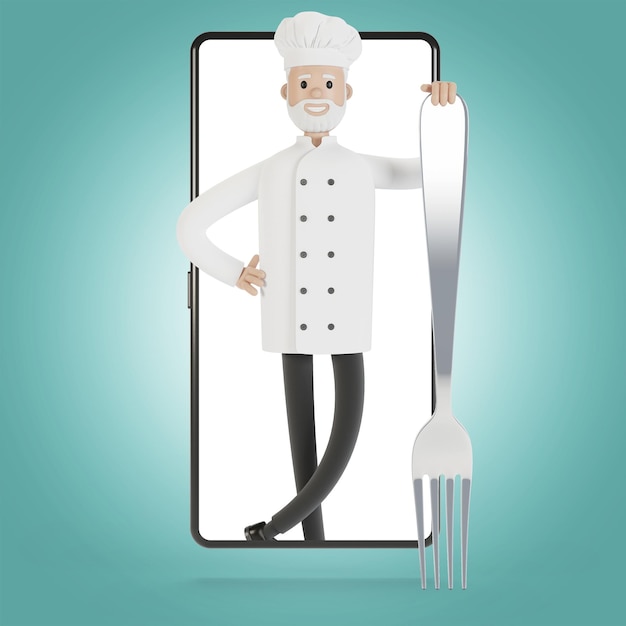 Chef à l'écran du smartphone Cours de cuisine en ligne bonne cuisine Livraison du restaurant Illustration 3D en style cartoon