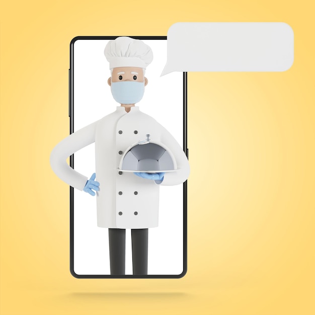 Chef à l'écran du smartphone Cours de cuisine en ligne bonne cuisine Livraison du restaurant Illustration 3D en style cartoon