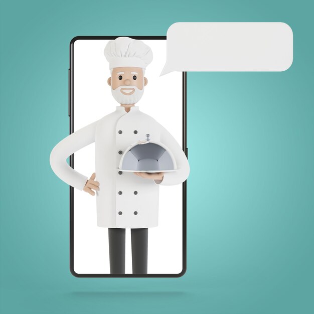 Chef à l'écran du smartphone Cours de cuisine en ligne bonne cuisine Livraison du restaurant Illustration 3D en style cartoon