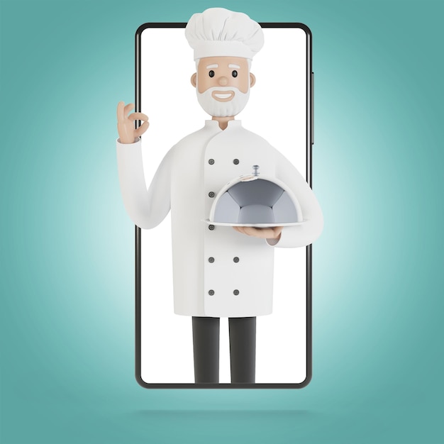 Chef à l'écran du smartphone Cours de cuisine en ligne bonne cuisine Livraison du restaurant Illustration 3D en style cartoon