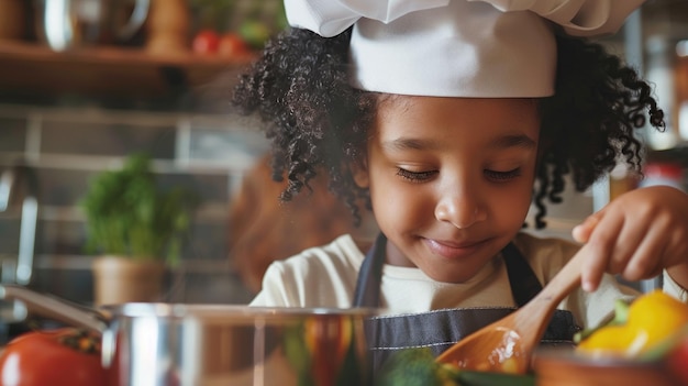 Photo chef d'enfant heureux dans la cuisine avec des conserves colorées