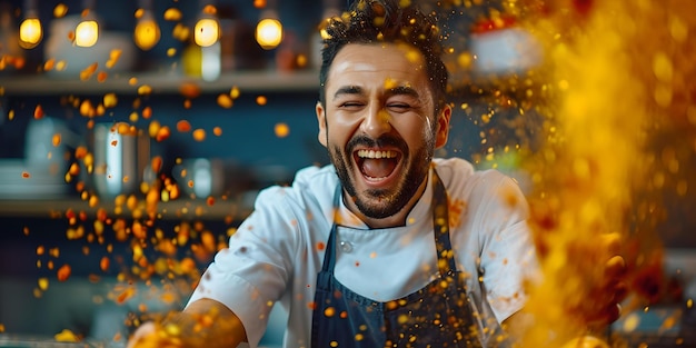 Un chef enjoué cuisinant avec des flammes dans une cuisine de restaurant moderne capturant l'excitation des arts culinaires parfait pour les blogs alimentaires AI