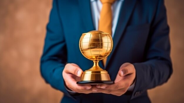 Chef d'entreprise ou patron portant un trophée d'or de champion pour le succès et la réussite du vainqueur dans le concept d'entreprise et l'IA générative