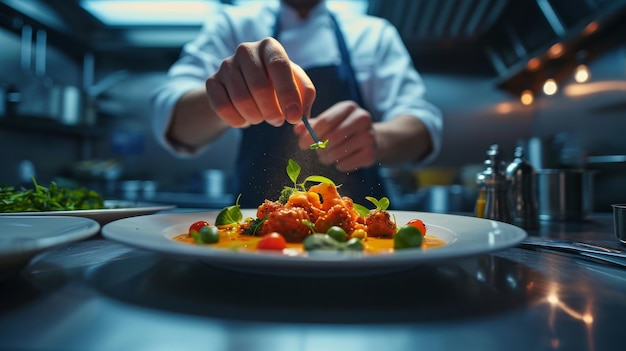 Le chef éparpille des légumes sur une assiette