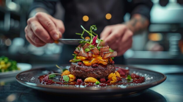 Le chef éparpille des légumes sur une assiette