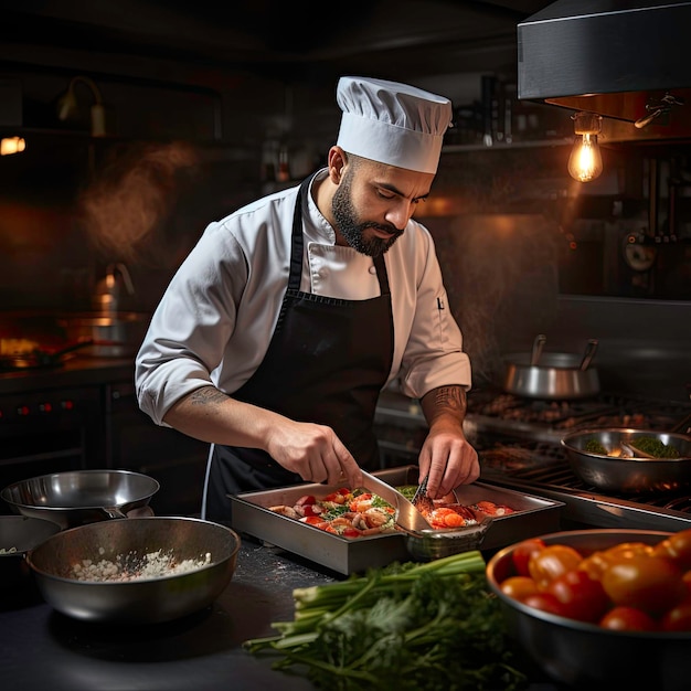 Photo un chef est un cuisinier professionnel et un commerçant qui est compétent dans tous les aspects de la préparation des aliments de