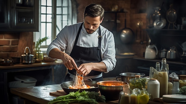 Chef faisant cuire la soupe dans la cuisine