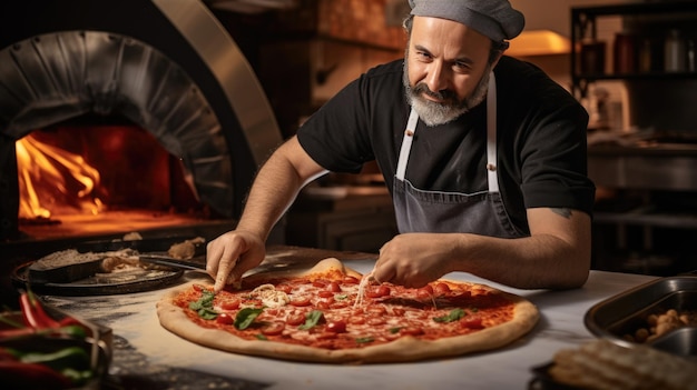 Le chef fait cuire la pizza au four