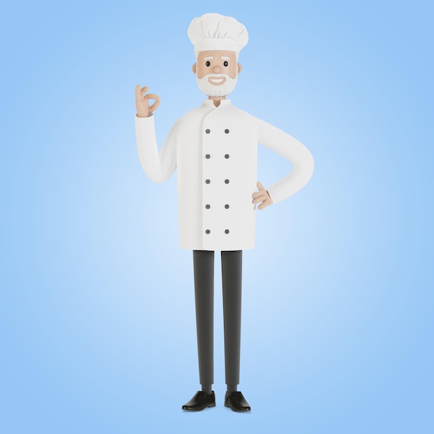 Le chef fait le geste du plat parfait. Illustration 3D en style cartoon.