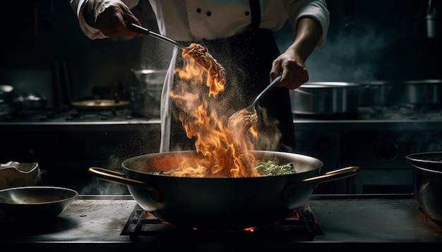 Le chef fait griller de la viande sur une cuisinière pour le déjeuner généré par l'IA