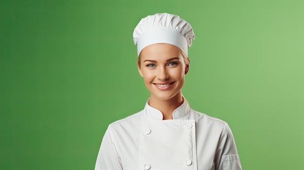 Chef féminin blond souriant isolé sur fond vert Espace de copie de bannière