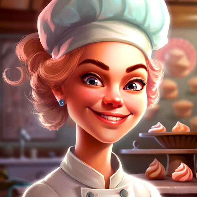 Photo chef féminin de dessin animé avec un joli sourire dans le fond de la cuisine