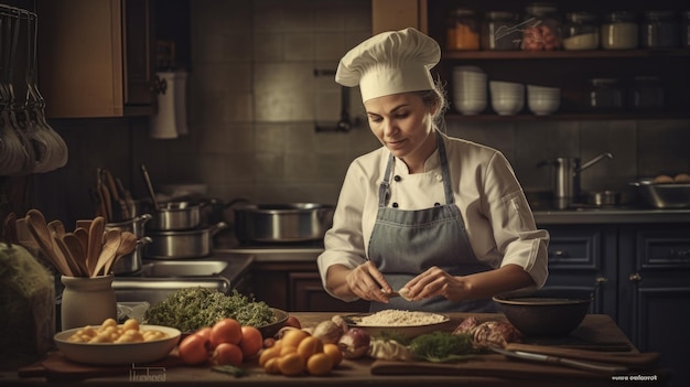 Chef Femme caucasienne 50 ans Préparer des aliments dans la cuisine AI générative AIG22