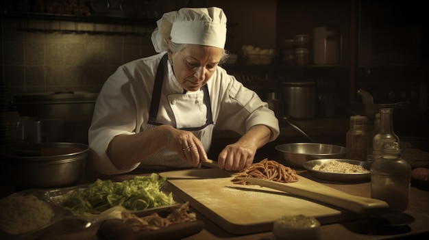 Chef Femme caucasienne 50 ans Préparer des aliments dans la cuisine AI générative AIG22