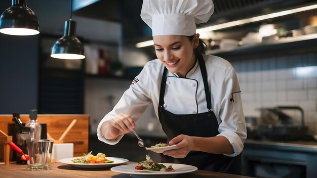 Photo chef femme garnissant de la nourriture dans la cuisine d'un restaurant