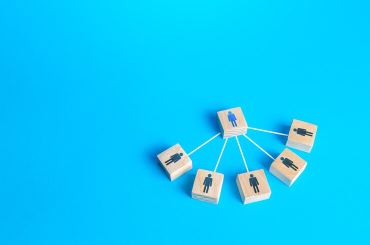 Photo le chef de file connecté avec les employés par des lignes. gestion du personnel des entreprises. délégation de travail