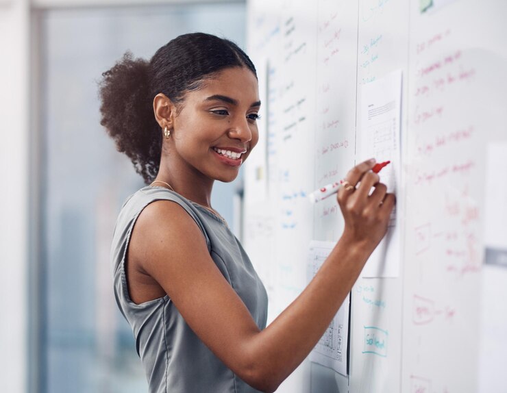 Photo chef de file ou patronne donnant un séminaire ou un atelier de présentation lors d'une réunion dans la salle de conférence jeune femme d'affaires écrivant sur un tableau blanc tout en enseignant une classe dans un bureau d'entreprise
