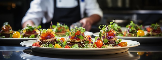 Photo le chef finit son assiette et est presque prêt à servir à la table.