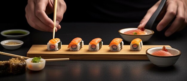 Le chef finit le sushi à la table de la cuisine.