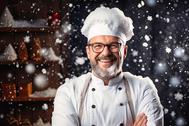 Photo un chef gai aux lunettes a un sourire blanc comme la neige.
