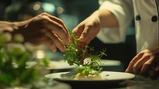 Photo un chef garnit soigneusement une assiette avec des herbes fraîches, ajoutant la touche finale à un délicieux repas.