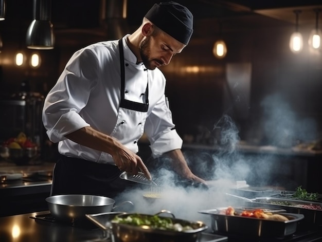 Chef gourmet en uniforme cuisinant dans la cuisine d'un restaurant Cuisinier masculin portant un tablier debout près du comptoir de la cuisine préparant de la nourriture