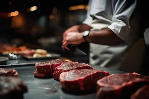 Un chef hache de la viande sur un gril