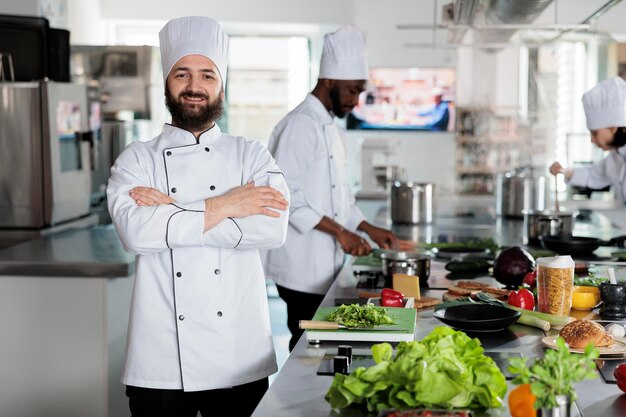 Photo un chef heureux dans une cuisine commerciale.