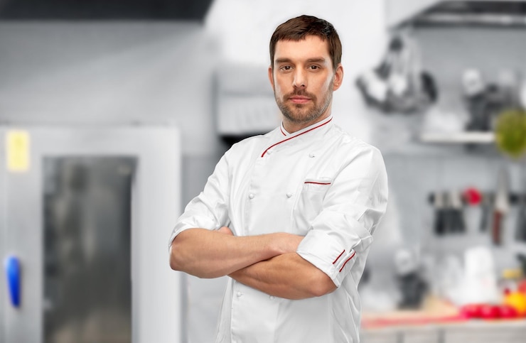 Photo un chef heureux et souriant avec les bras croisés.