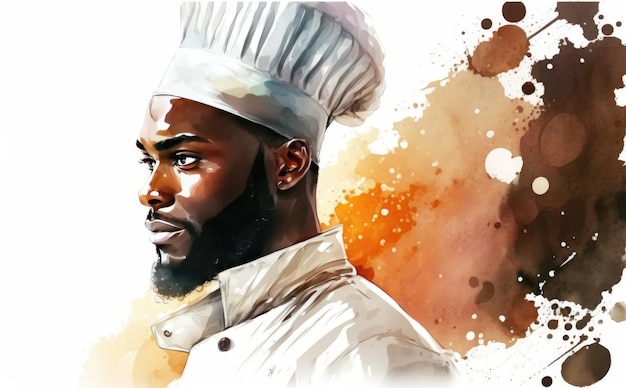 Photo un chef d'homme afro dessiné sur fond blanc illustrations de restaurant aquarelle générées par ai