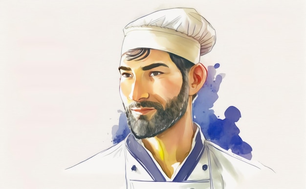 un chef d'homme asiatique dessiné sur fond blanc illustrations de restaurant aquarelle générées par ai