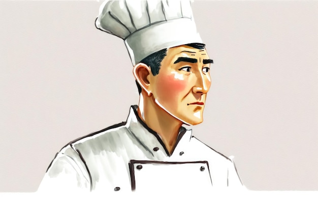 Photo un chef d'homme asiatique dessiné sur fond blanc illustrations de restaurant aquarelle générées par ai