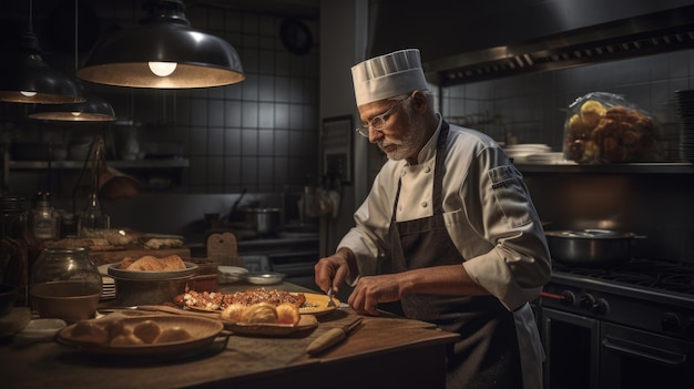 Chef Homme Caucasien D'âge Moyen Cuisiner et servir des aliments dans une cuisine de restaurant IA générative AIG22