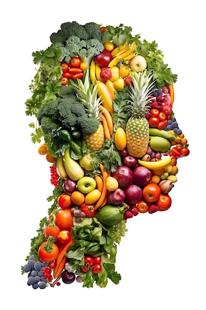 Chef humain de végétarien de fruits et légumes Concept d'une alimentation saine avec de la nourriture et du végétarisme sur fond blanc Illustration de l'IA générative