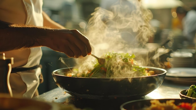 Le chef d'une IA générative garne un plat sur l'assiette en cuisinant avec une casserole chaude à la vapeur.