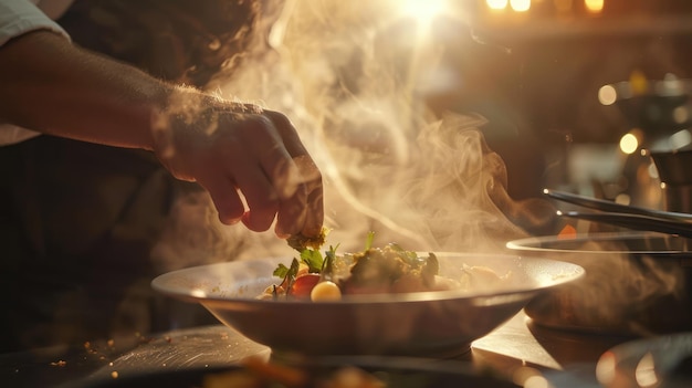 Le chef d'une IA générative garne un plat sur l'assiette en cuisinant avec une casserole chaude à la vapeur.