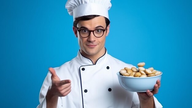 Photo chef impressionné avec des macaronis maîtrise culinaire ia générative