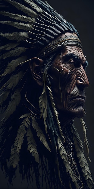 Un chef indien amérindien avec une grande coiffure en plumes.